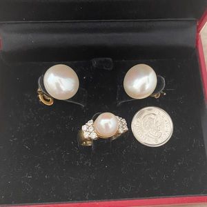 14K Gold & Pearl Stud Earrings and 14K Gold with pearl and diamonds ring.